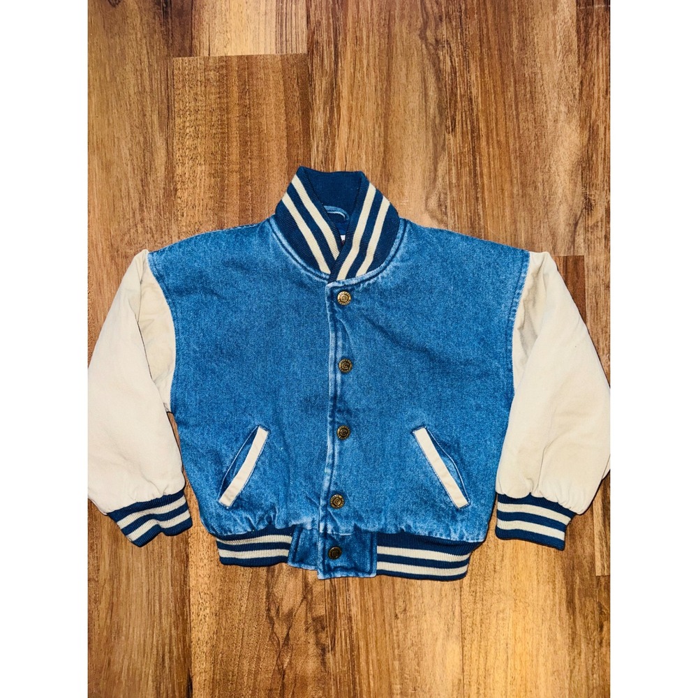 "Vintage" Climate Control Denim Varsity Jacket Kids 4T Blue Cream Quilted Lining